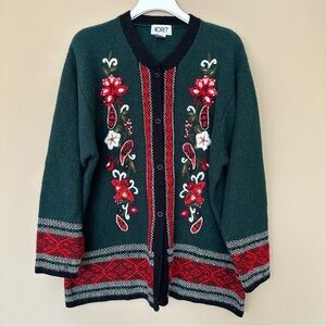 Vintage Koret Women XL Christmas Cardigan Sweater Floral Green Red Cottagecore